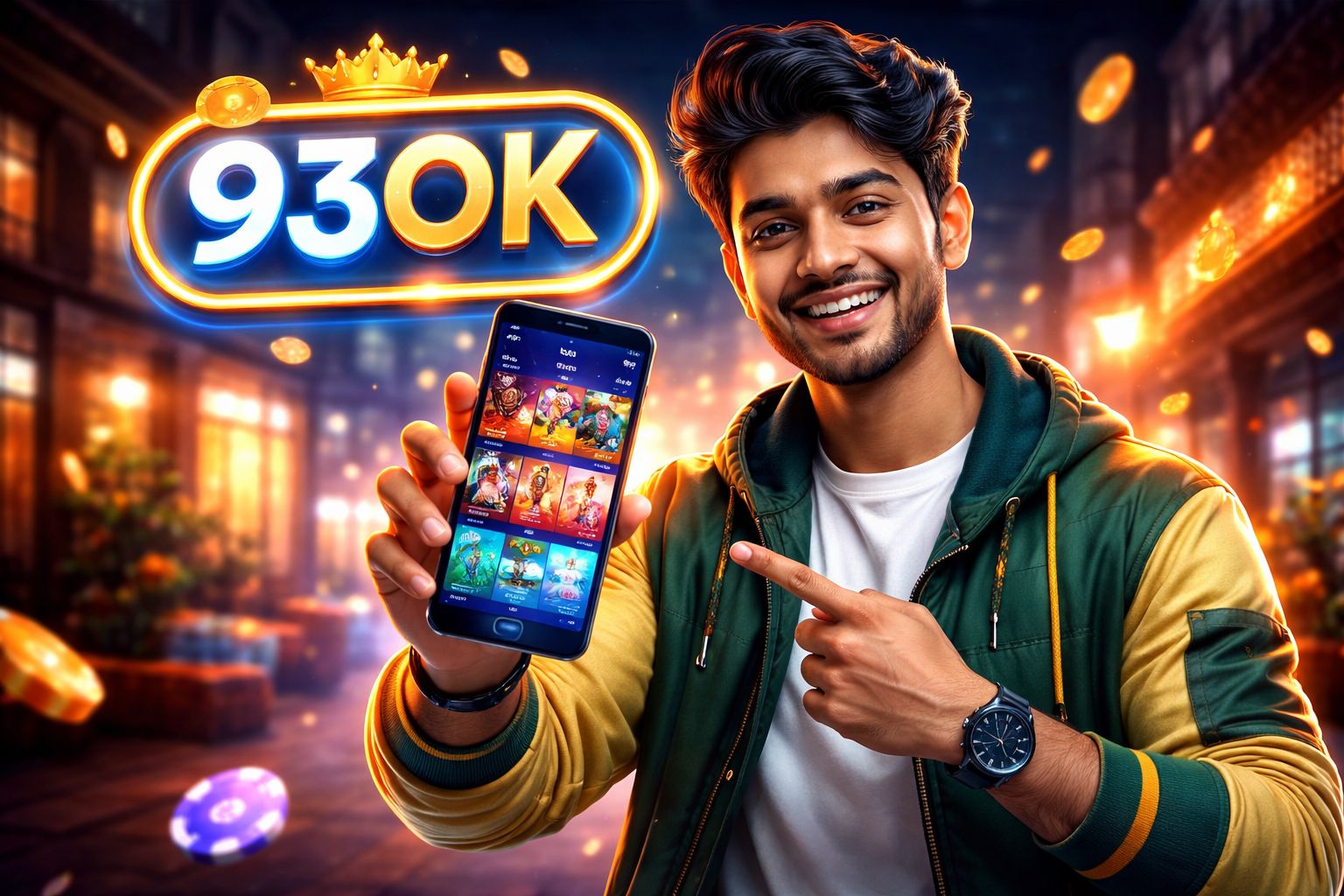 Dynamic Bangladeshi gaming scene with neon 93OK signage illuminating a modern casino interface filled with colorful slot reels and card tables