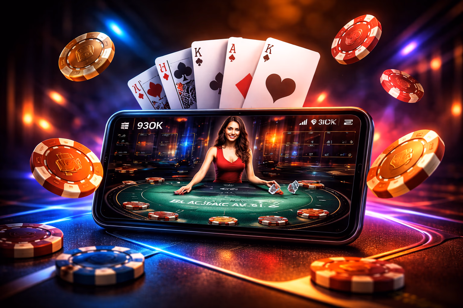Confident Bangladeshi woman navigating the 93OK casino app on her smartphone with vibrant game thumbnails and reward badges visible
