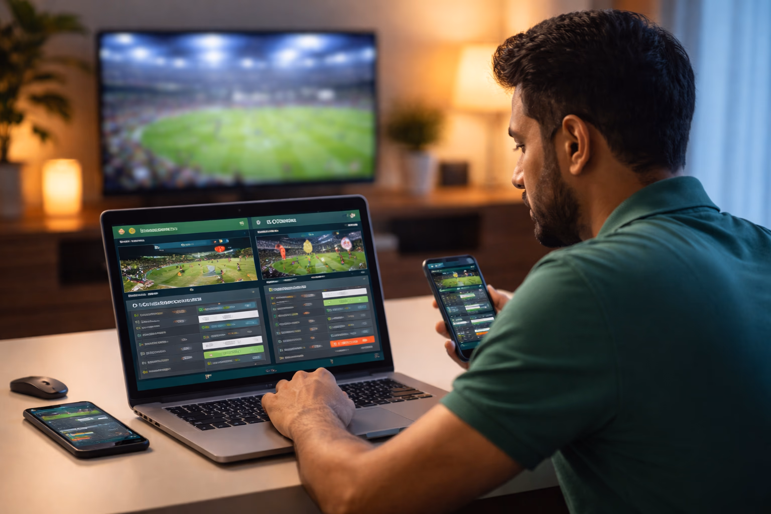 Focused Bangladeshi sports enthusiast analyzing live football and cricket betting lines on 93OK platform while watching a match broadcast from a comfortable home setup