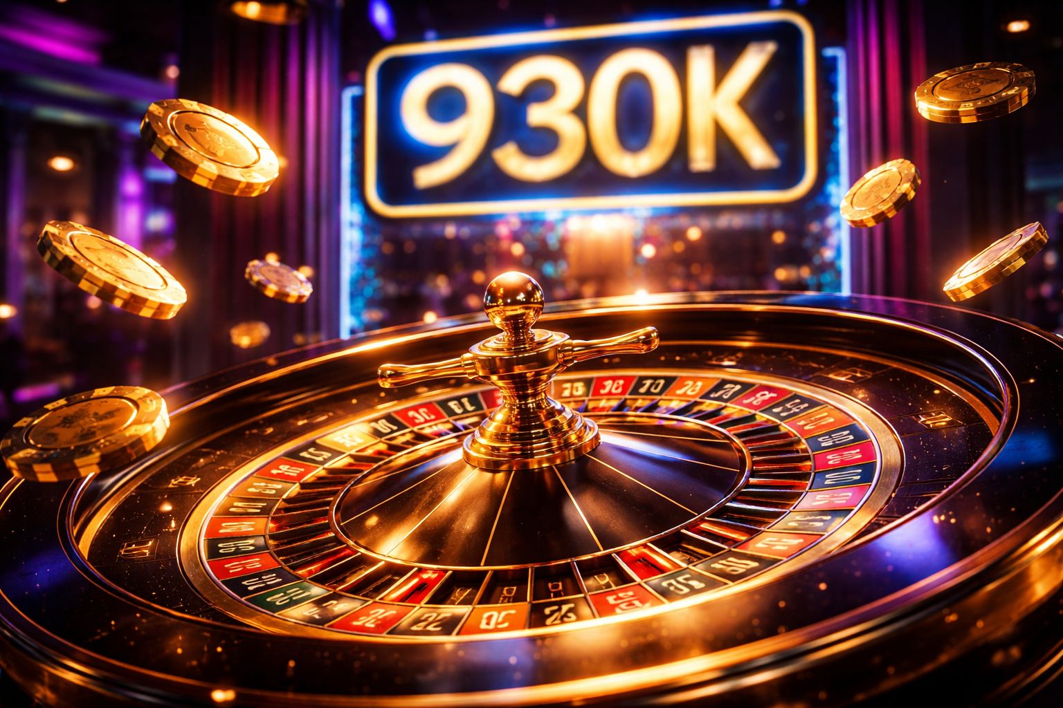 Dazzling casino roulette wheel spinning with golden chips floating around a glowing screen showcasing 93OK Casino entertainment in Bangladesh