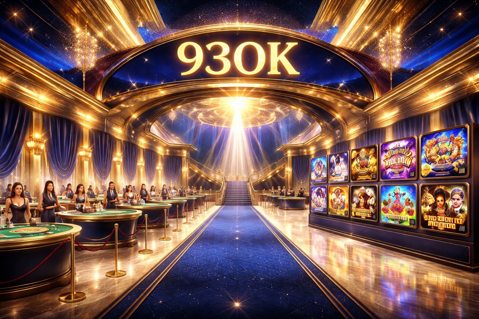 Confident professional dealer standing beside a gleaming roulette wheel with cascading golden coins symbolizing the trusted 93OK Casino experience in Bangladesh