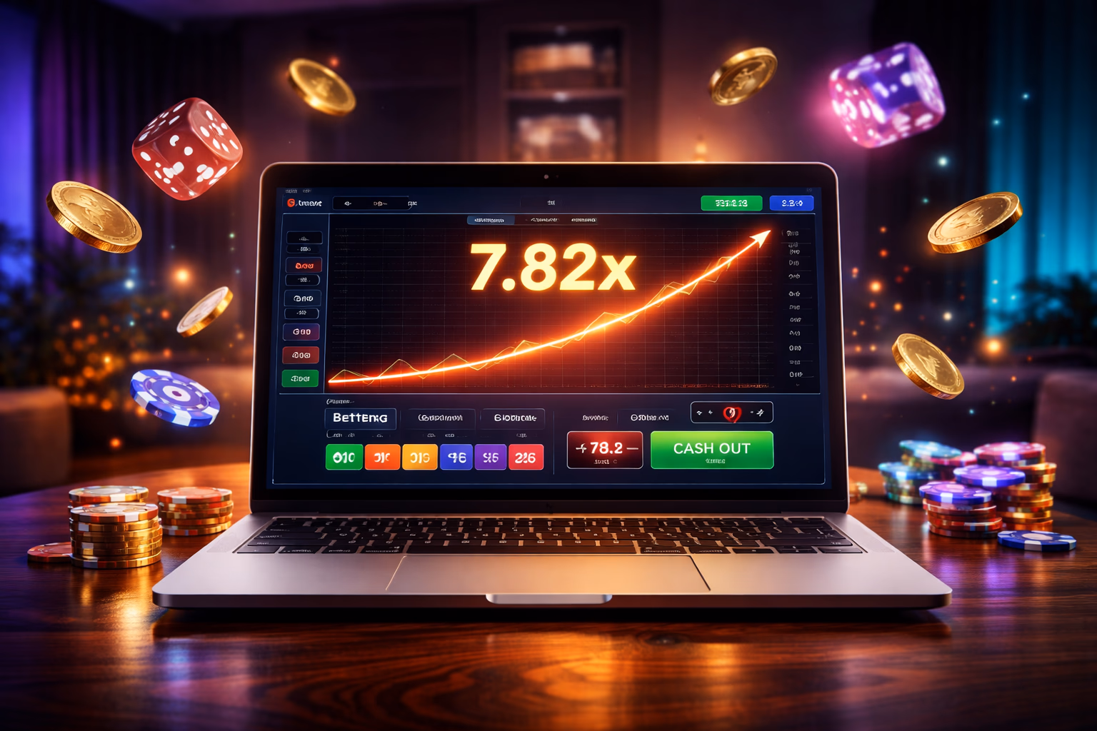 Desktop monitor displaying the 93OK Aviator crash game interface with golden coins and colorful betting chips scattered around in a vibrant digital setting
