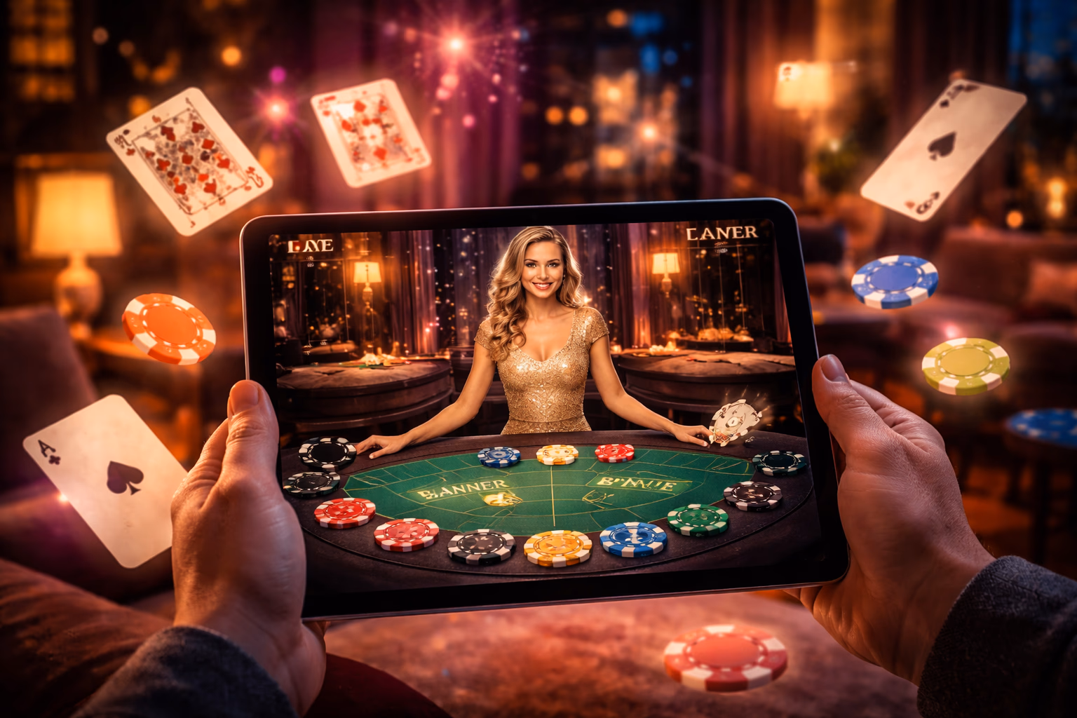 Focused gamer in a neon-lit room engaging with the 93OK online casino platform on a high-end computer showing vibrant game thumbnails