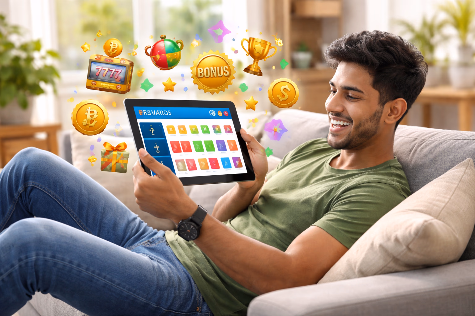 Excited Bangladeshi player browsing the 93OK account dashboard on a tablet showing bonus offers, wallet balance in BDT, and game recommendations